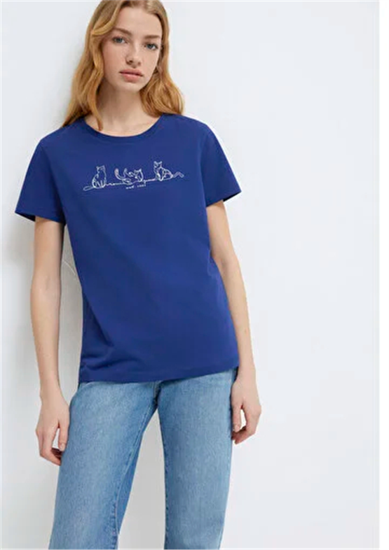 Mavi Y26 M1613721-70722 Koyu Saks Mavi Kadın Slim Kedi Baskılı T-shirt
