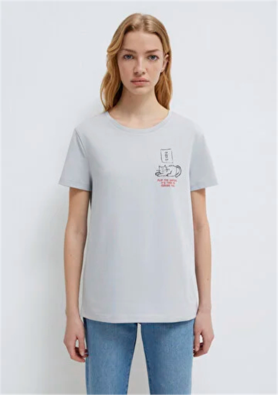 Mavi Y26 M1613722-70075 Açık Gri Kadın Regular Kedi Baskılı T-shirt