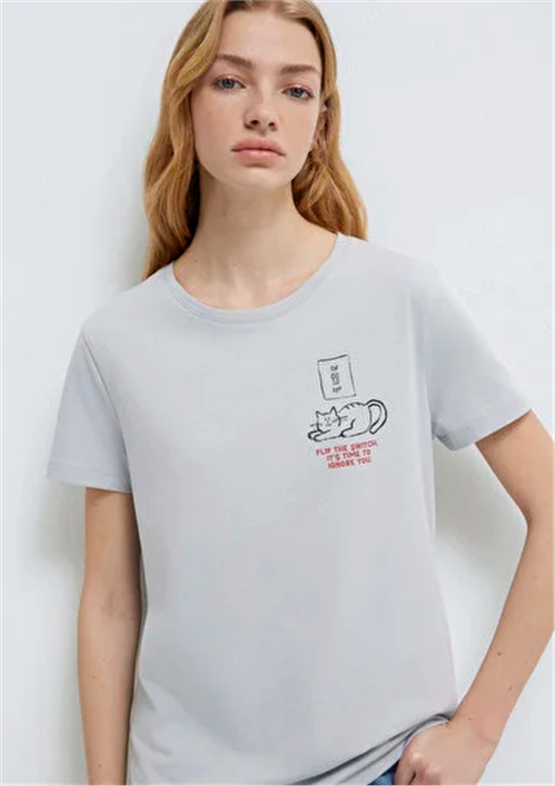 Mavi Y26 M1613722-70075 Açık Gri Kadın Regular Kedi Baskılı T-shirt