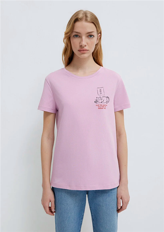 Mavi Y26 M1613722-71039 Mauve Mıst Kadın Regular Kedi Baskılı T-shirt