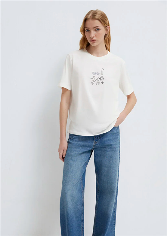 Mavi Y26 M1613725-80194 Hindistan Cevizi Kadın Regular Kedi Baskılı T-shirt