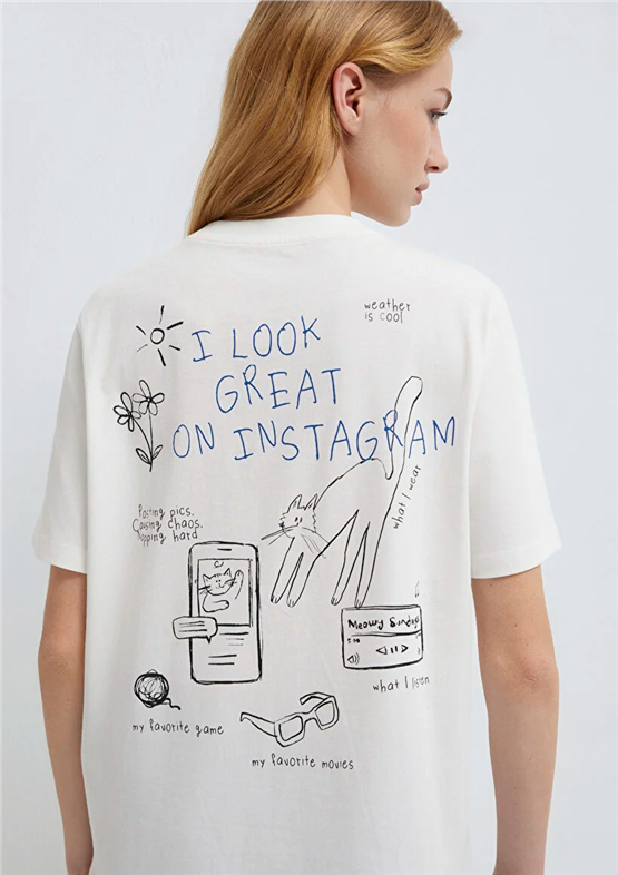 Mavi Y26 M1613725-80194 Hindistan Cevizi Kadın Regular Kedi Baskılı T-shirt