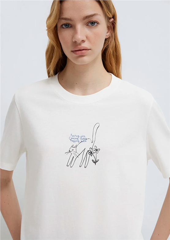 Mavi Y26 M1613725-80194 Hindistan Cevizi Kadın Regular Kedi Baskılı T-shirt