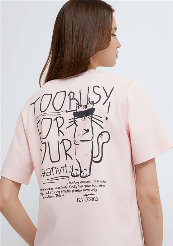 Mavi Y26 M1613727-71014 Seftalı Pembesı Kadın Regular Kedi Baskılı T-shirt