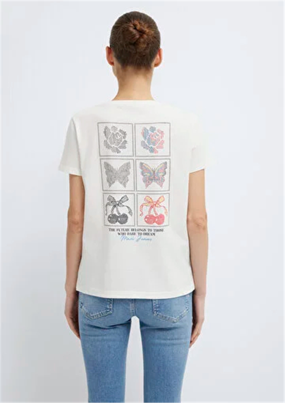 Mavi Y26 M1613744-80194 Hindistan Cevizi Kadın Slim Kelebek Baskılı T-shirt