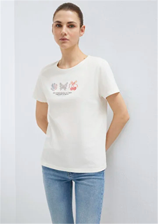 Mavi Y26 M1613744-80194 Hindistan Cevizi Kadın Slim Kelebek Baskılı T-shirt