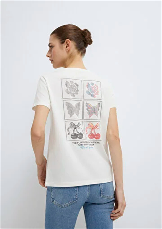 Mavi Y26 M1613744-80194 Hindistan Cevizi Kadın Slim Kelebek Baskılı T-shirt