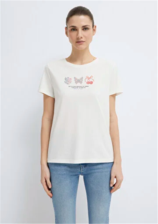 Mavi Y26 M1613744-80194 Hindistan Cevizi Kadın Slim Kelebek Baskılı T-shirt