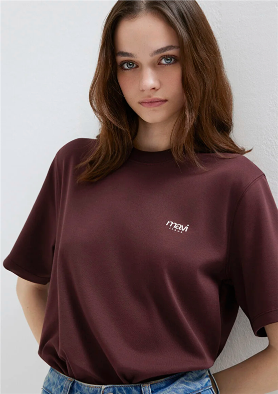 Mavi Y26 M1613804-70223 Karamel Kadın Regular Mavi Logo Baskılı T-shirt