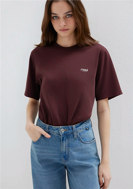 Mavi Y26 M1613804-70223 Karamel Kadın Regular Mavi Logo Baskılı T-shirt