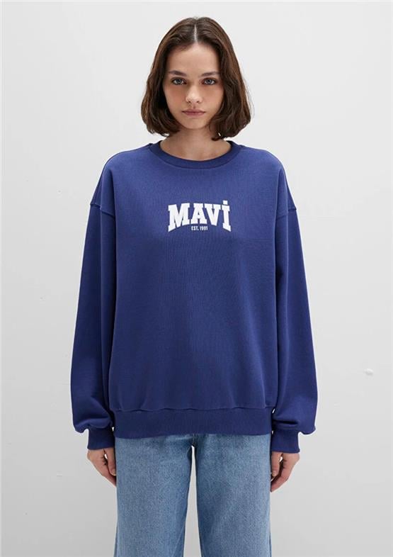 Mavı M1S10372-70498 Derın Lacıvert Kadın Mavı Logo Baskılı Bısıklet Yaka Oversıze Sweatshırt