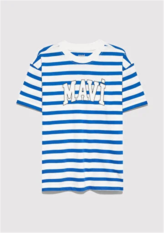 Mavı M6610251-91364 Lapıs Blue Strıpe Erkek Cocuk Oversıze Mavı Logo Baskılı T-Shırt