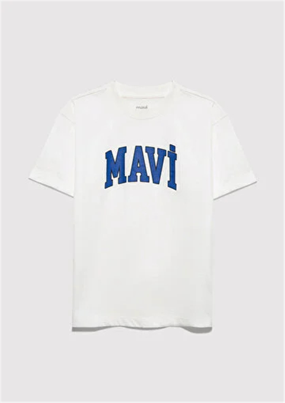 Mavı M6610418-70057 Kırık Beyaz Erkek Cocuk Oversıze Mavı Logo Baskılı T-Shırt