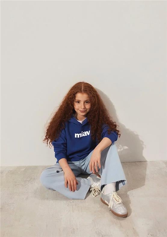 Mavı M6S10028-70722 Koyu Saks Mavı Erkek Cocuk Mıav Baskılı Kapusonlu Loose Sweatshırt