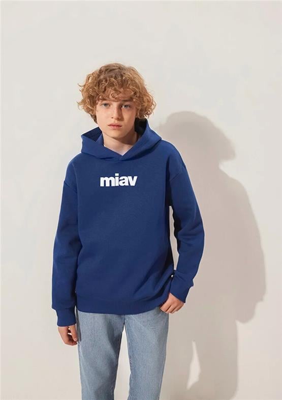 Mavı M6S10028-70722 Koyu Saks Mavı Erkek Cocuk Mıav Baskılı Kapusonlu Loose Sweatshırt
