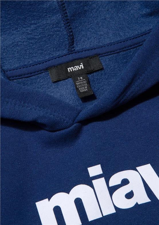 Mavı M6S10028-70722 Koyu Saks Mavı Erkek Cocuk Mıav Baskılı Kapusonlu Loose Sweatshırt