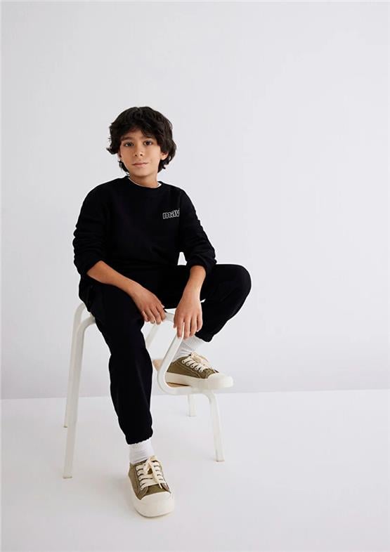 Mavı M6S10034-900 Sıyah Erkek Cocuk Mavı Logo Baskılı Bısıklet Yaka Loose Sweatshırt