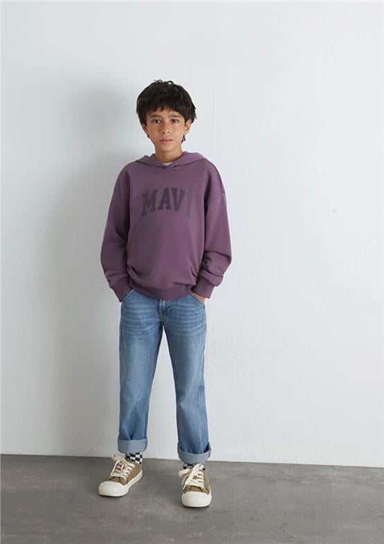 Mavı M6S10143-70656 Vıntage Vıolet Erkek Cocuk Mavı Logo Baskılı Kapsonlu Loose Sweatshırt