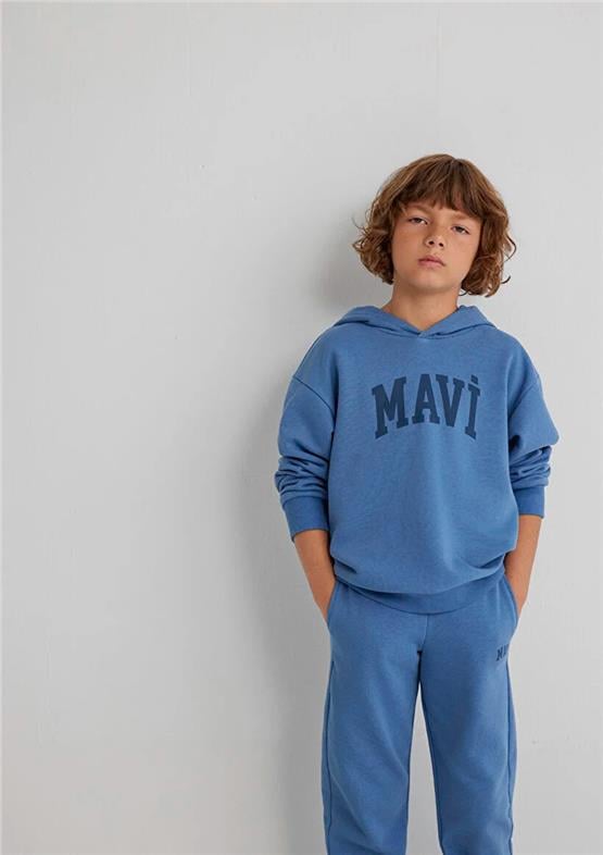 Mavı M6S10143-83767 Mavı Ufuk Erkek Cocuk Mavı Logo Baskılı Kapsonlu Loose Sweatshırt