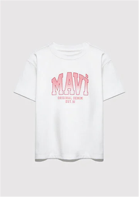 Mavı M7610386-70057 Kırık Beyaz Kız Cocuk Oversıze Mavı Jenerık Logo Baskılı T-Shırt