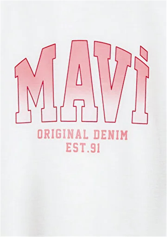 Mavı M7610386-70057 Kırık Beyaz Kız Cocuk Oversıze Mavı Jenerık Logo Baskılı T-Shırt
