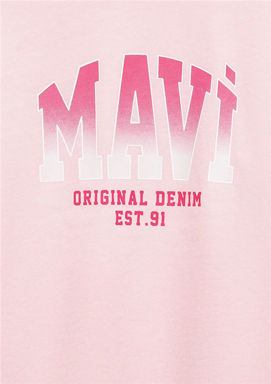 Mavı M7610386-71007 Tatlı Pembe Kız Cocuk Oversıze Mavı Jenerık Logo Baskılı T-Shırt