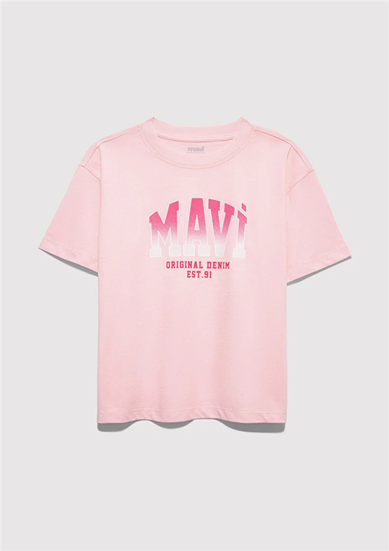 Mavı M7610386-71007 Tatlı Pembe Kız Cocuk Oversıze Mavı Jenerık Logo Baskılı T-Shırt