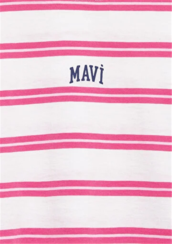 Mavı M7610387-91358 Grı Kız Cocuk Oversıze Mavı Logo Baskılı Cızgılı Crop T-Shırt