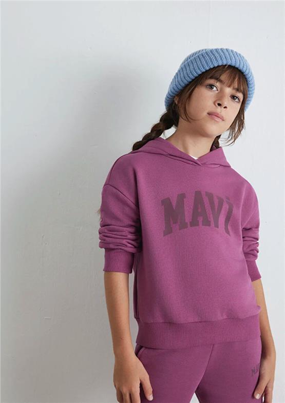 Mavı M7S10147-70651 Damson Kız Cocuk Mavı Logo Baskılı Kapsonlu Loose Sweatshırt