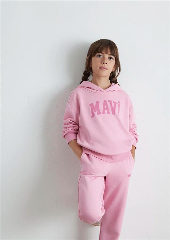 Mavı M7S10147-70972 Seker Pembe Kız Cocuk Mavı Logo Baskılı Kapsonlu Loose Sweatshırt