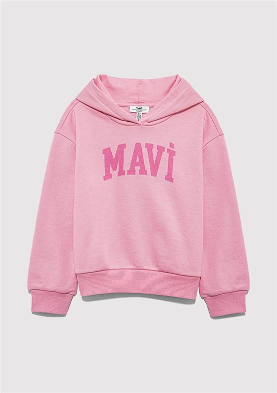 Mavı M7S10147-70972 Seker Pembe Kız Cocuk Mavı Logo Baskılı Kapsonlu Loose Sweatshırt