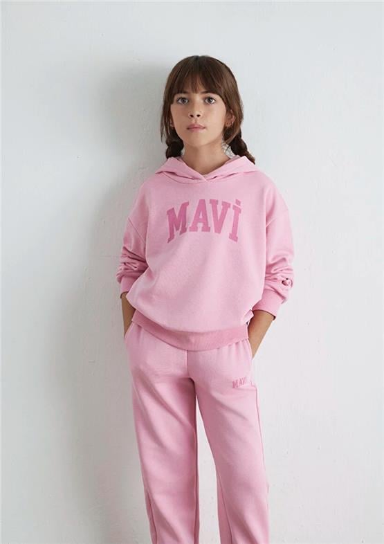 Mavı M7S10147-70972 Seker Pembe Kız Cocuk Mavı Logo Baskılı Kapsonlu Loose Sweatshırt