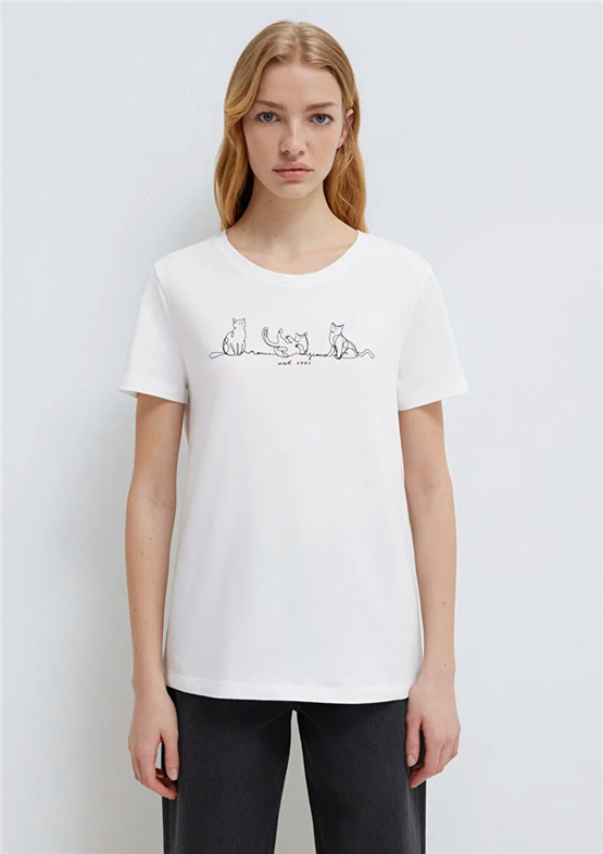 Mavi Y26 M1613721-620 Beyaz Kadın Slim Kedi Baskılı T-shirt