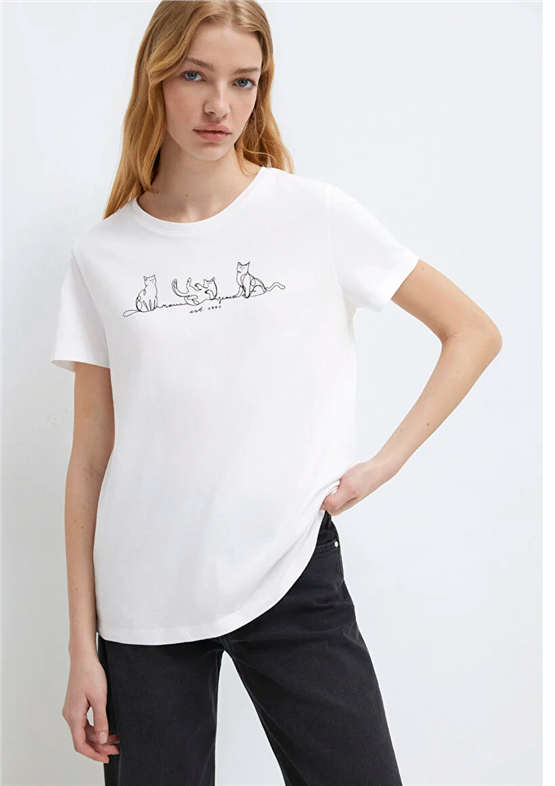 Mavi Y26 M1613721-620 Beyaz Kadın Slim Kedi Baskılı T-shirt