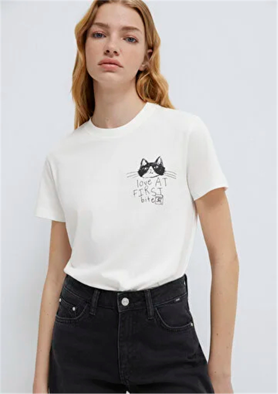 Mavi Y26 M1613723-70057 Kırık Beyaz Kadın Slim Kedi Baskılı T-shirt