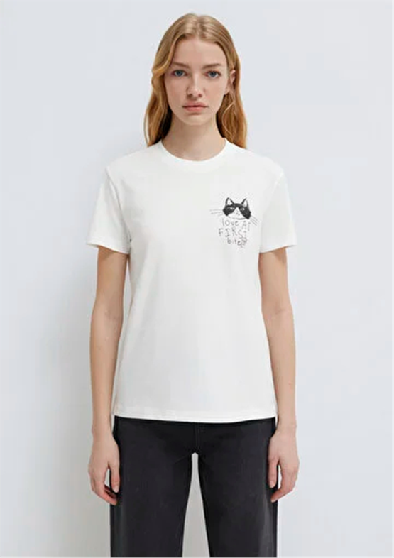 Mavi Y26 M1613723-70057 Kırık Beyaz Kadın Slim Kedi Baskılı T-shirt
