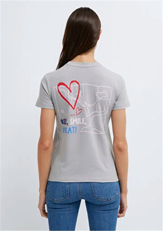 Mavi Y26 M1613860-70075 Açık Gri Kadın Slim Bisiklet Baskılı T-shirt
