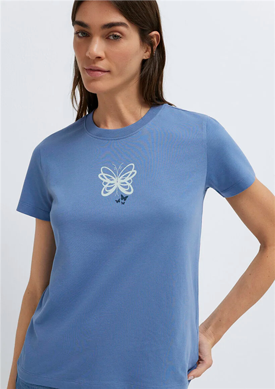 Mavi Y26 M1613870-70728 İnfinity Kadın Semı Slim Kelebek Baskılı T-shirt