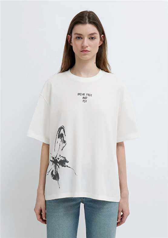 Mavi Y26 M1613872-80194 Hindistan Cevizi Kadın Oversıze Kelebek Baskılı T-shirt