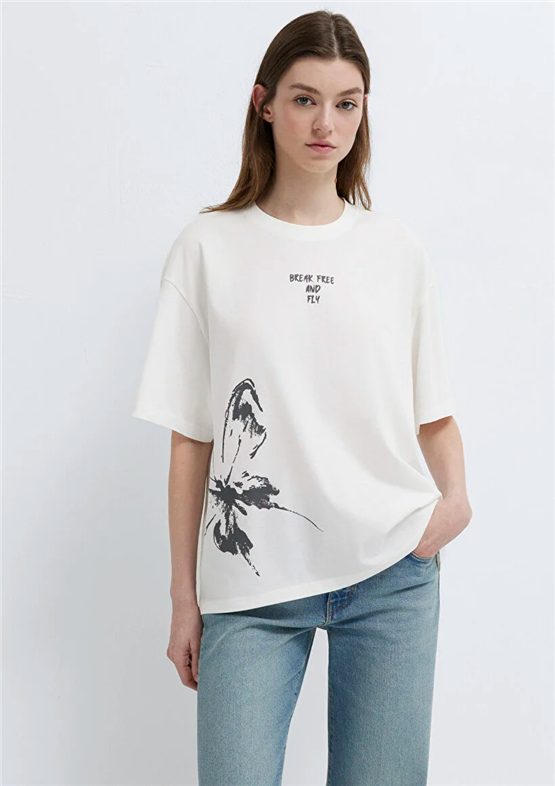 Mavi Y26 M1613872-80194 Hindistan Cevizi Kadın Oversıze Kelebek Baskılı T-shirt