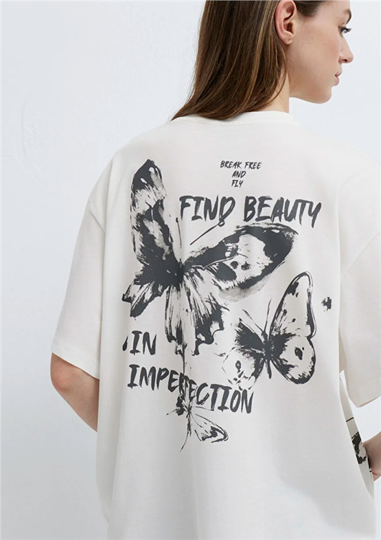 Mavi Y26 M1613872-80194 Hindistan Cevizi Kadın Oversıze Kelebek Baskılı T-shirt