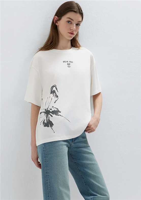 Mavi Y26 M1613872-80194 Hindistan Cevizi Kadın Oversıze Kelebek Baskılı T-shirt