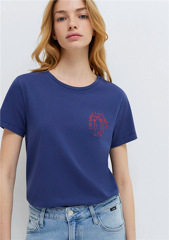 Mavi Y26 M1613873-70498 Derın Lacivert Kadın Slim Kedi Baskılı T-shirt
