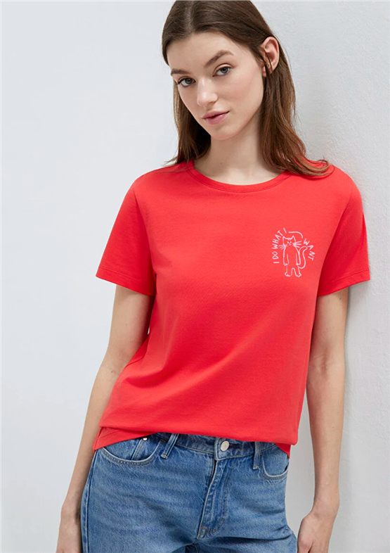 Mavi Y26 M1613873-71083 Nar Cıcegı Kadın Slim Kedi Baskılı T-shirt