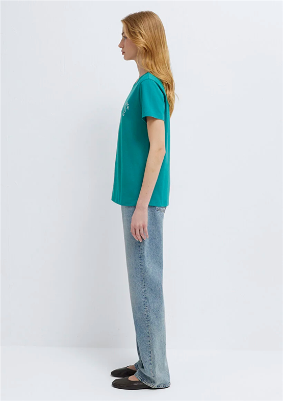 Mavi Y26 M1613873-71914 Koyu Yeşil Kadın Slim Kedi Baskılı T-shirt