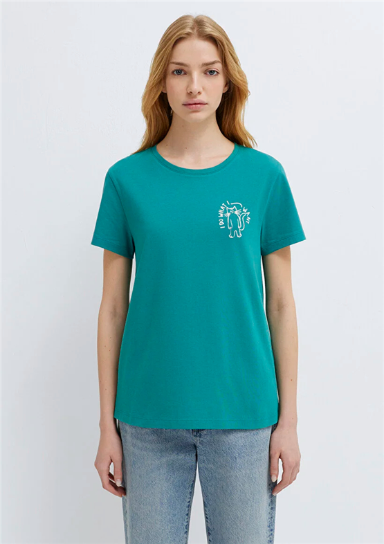 Mavi Y26 M1613873-71914 Koyu Yeşil Kadın Slim Kedi Baskılı T-shirt