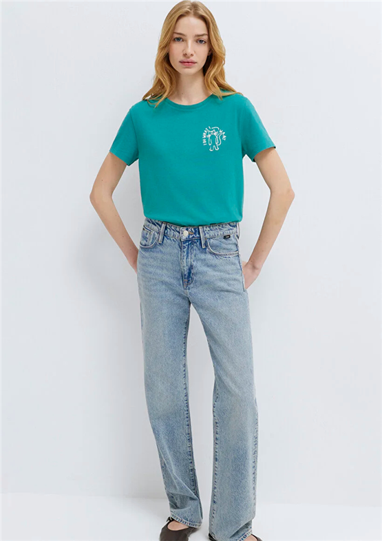 Mavi Y26 M1613873-71914 Koyu Yeşil Kadın Slim Kedi Baskılı T-shirt