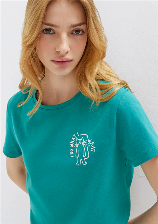 Mavi Y26 M1613873-71914 Koyu Yeşil Kadın Slim Kedi Baskılı T-shirt
