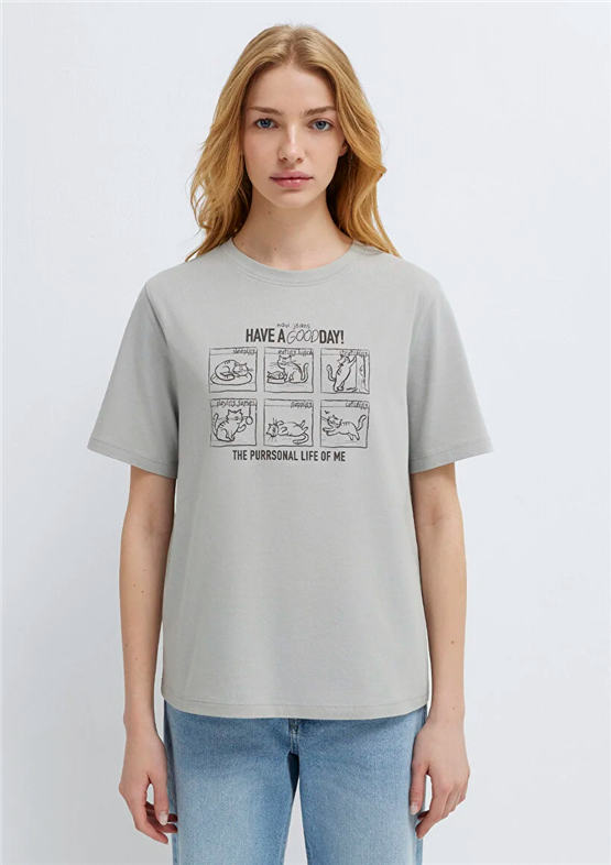 Mavi Y26 M1613876-70075 Açık Gri Kadın Regular Kedi Baskılı T-shirt