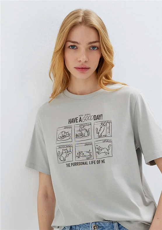 Mavi Y26 M1613876-70075 Açık Gri Kadın Regular Kedi Baskılı T-shirt